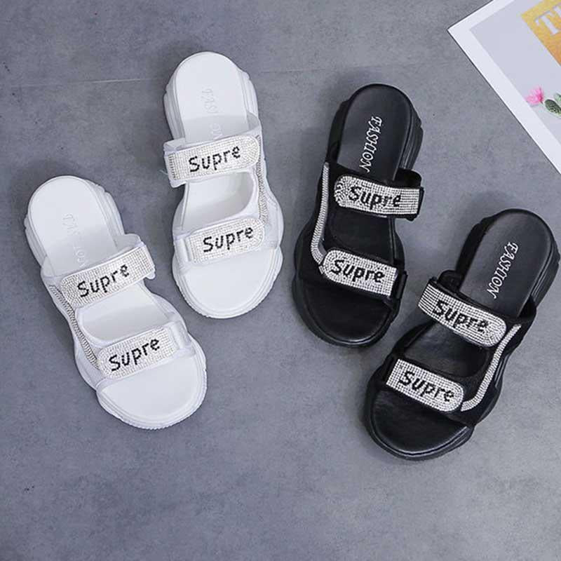 Size35-40 Summer Ladies Slippers Bohemian Beach Waterproof Slippers Wedge Platform Crystal Letter Sandals Outdoor High Heels