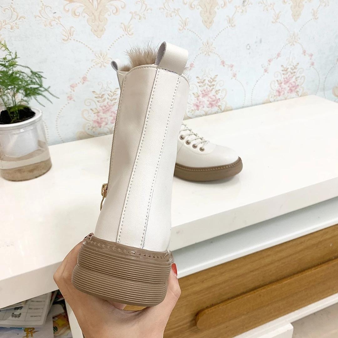 Winter Boots Women Black White Leather Boots Gothic Platform Shoes Fashion Ankle Booties Flat Woman Warm Fur Boots