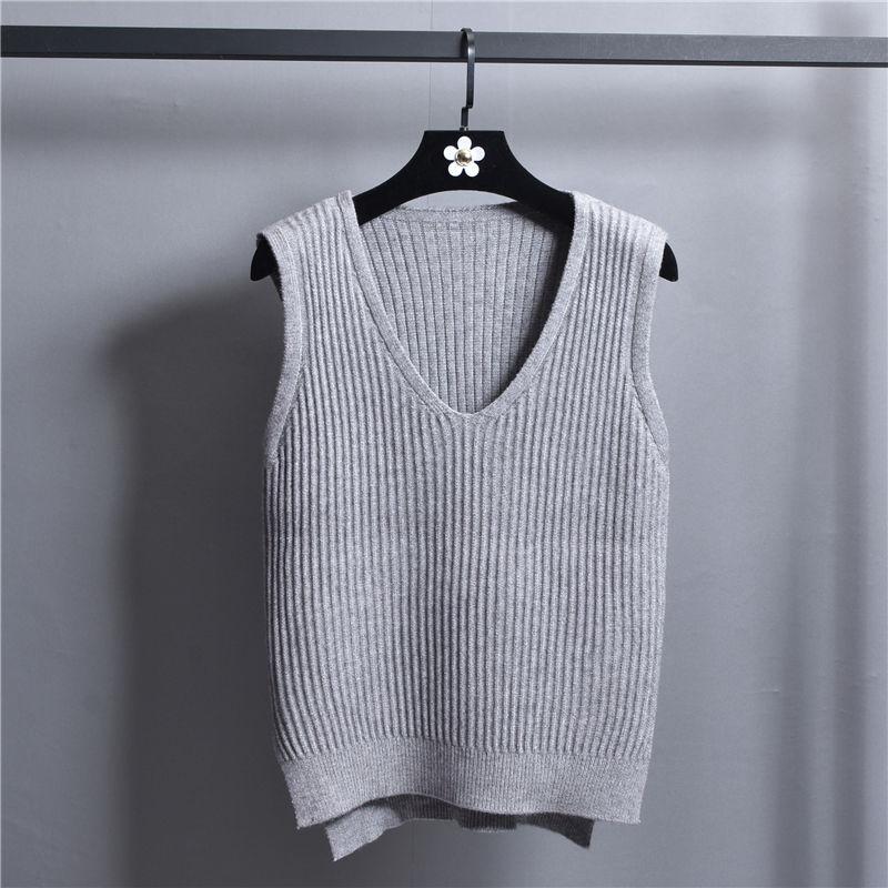 V-neck Knitted Short Vest College Style Solid Color Loose Vest Striped Casual Women's Sweater