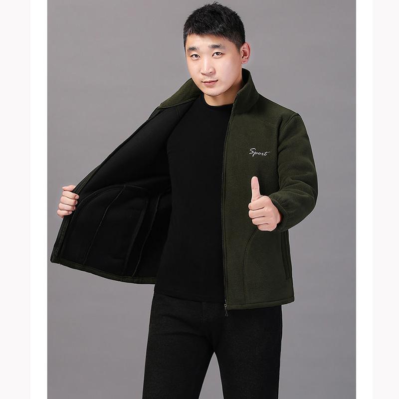 Middle-aged Elderly Men's Polar Fleece Sports Jacket Spring and Autumn Stand Collar Loose Outdoor Casual Sweatshirt Fleece Solid Color Short Top