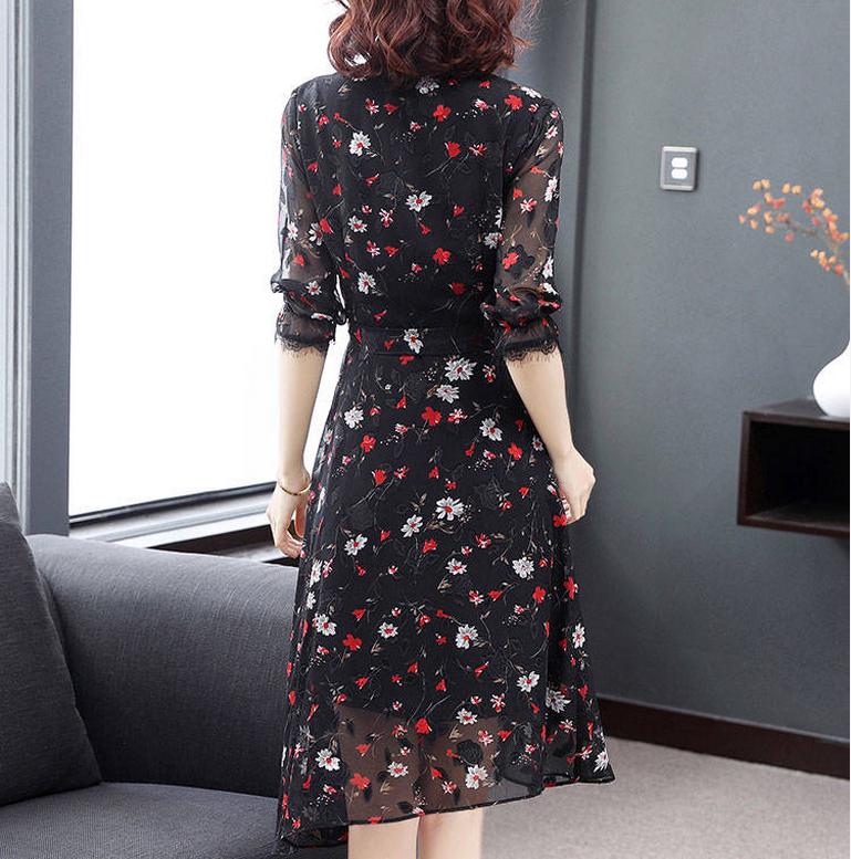 Vintage Spring Summer Chiffon Floral Printing Dress Midi Dress Pleated Hem Elegant Party Vestidos