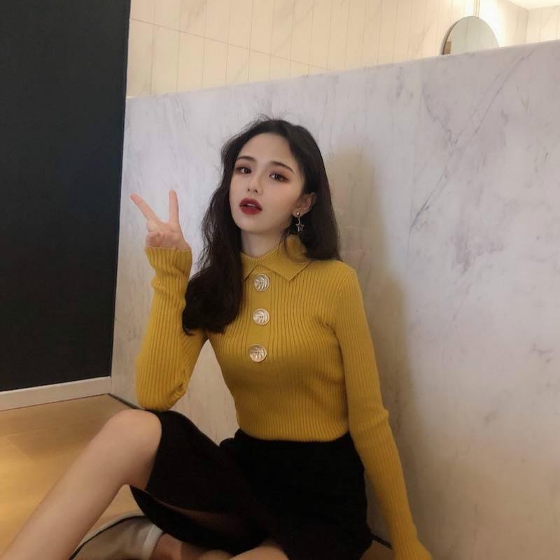 Pofulove Sweater Warm Winter Slim Fit Thin Thick Core Yarn Lapel Sweater Long Sleeve