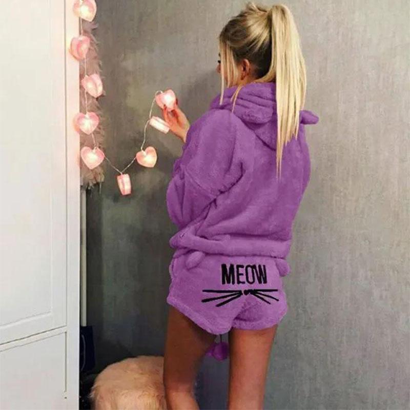 Women Fashion Warm Cute Cat Two Piece Hoodie Sleepwear Winter Pajamas Set Plus Size