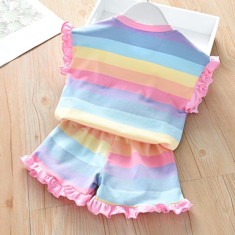 Two-piece Suit Children's Clothing Summer Rainbow Casual Suit Girls Fungus T-shirt Shorts