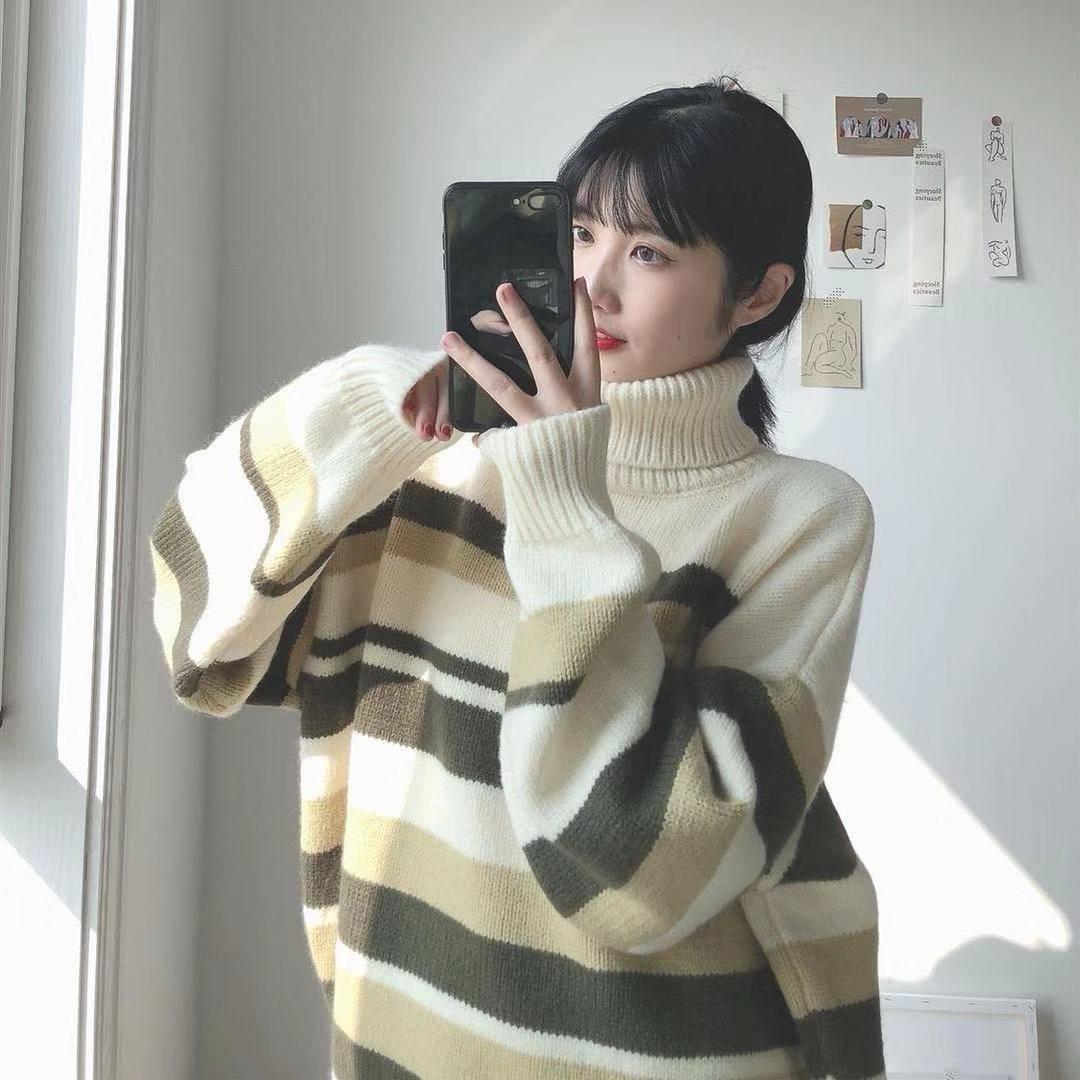 Autumn and Winter Turtleneck Striped Loose Sweater Female Hedging Was Thin Wild Sweater
