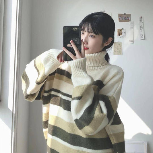 Autumn and Winter Turtleneck Striped Loose Sweater Female Hedging Was Thin Wild Sweater