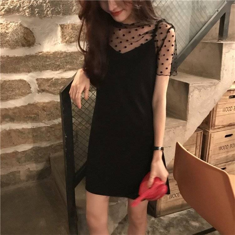 Sexy Mini Dress Black Polka Dot Long Sleeve Transparent Mesh Slash Neck Bodycon 2020 Party Dress