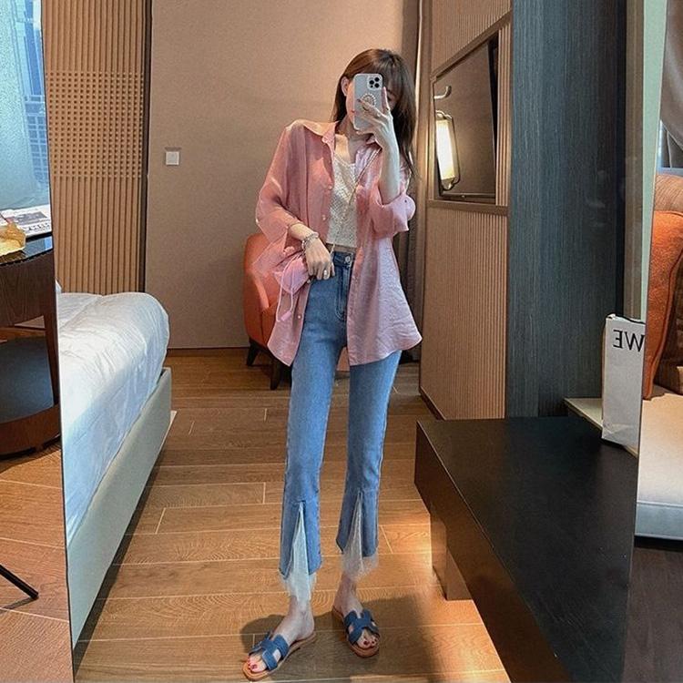 WTEMPO Split Lace Women's Jeans Loose and Slim Wide Leg Straight  Denim Big Pocket Trousers