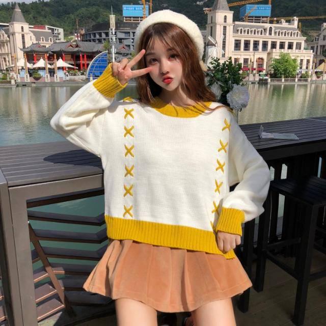 Loose Front Short Back Long Split Knitted Round Neck Jumper Short Wild Sweater Women