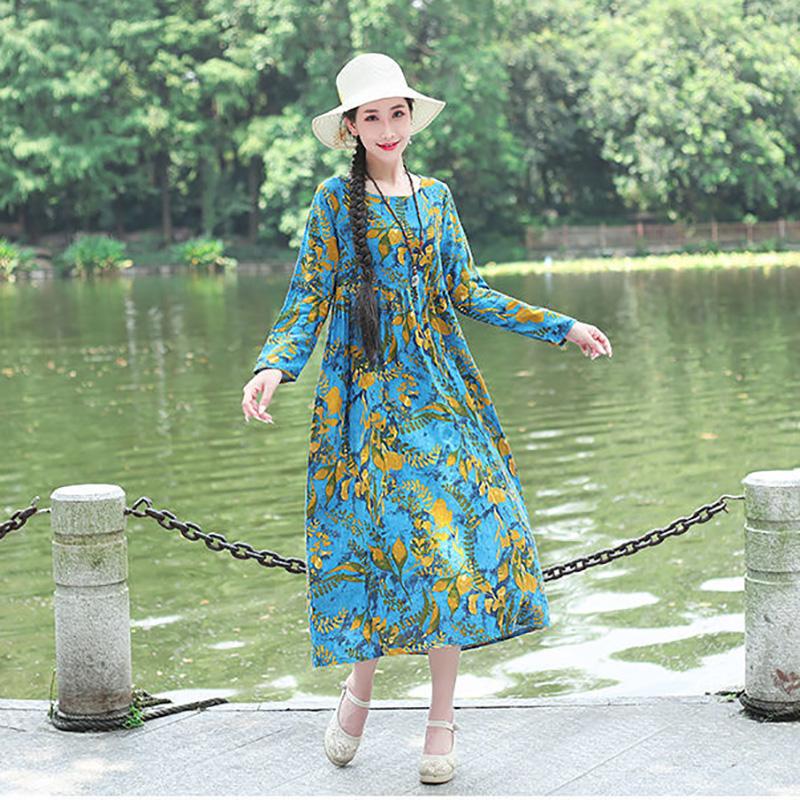 Ladies Spring and Autumn Long-sleeved Dress Retro Loose Large Size Ethnic Style Long Print New A-line Skirt