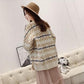 Women Vintage Printed Checked Sweater Cardigan with Pockets Outerwear Casual Thick Knitted Jacket Coat