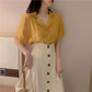 Summer Retro Goddess Skirt Two-piece Set V-neck Cotton Linen Short-sleeved Shirt High Waist Button Flower Edge A-line Skirt Suit