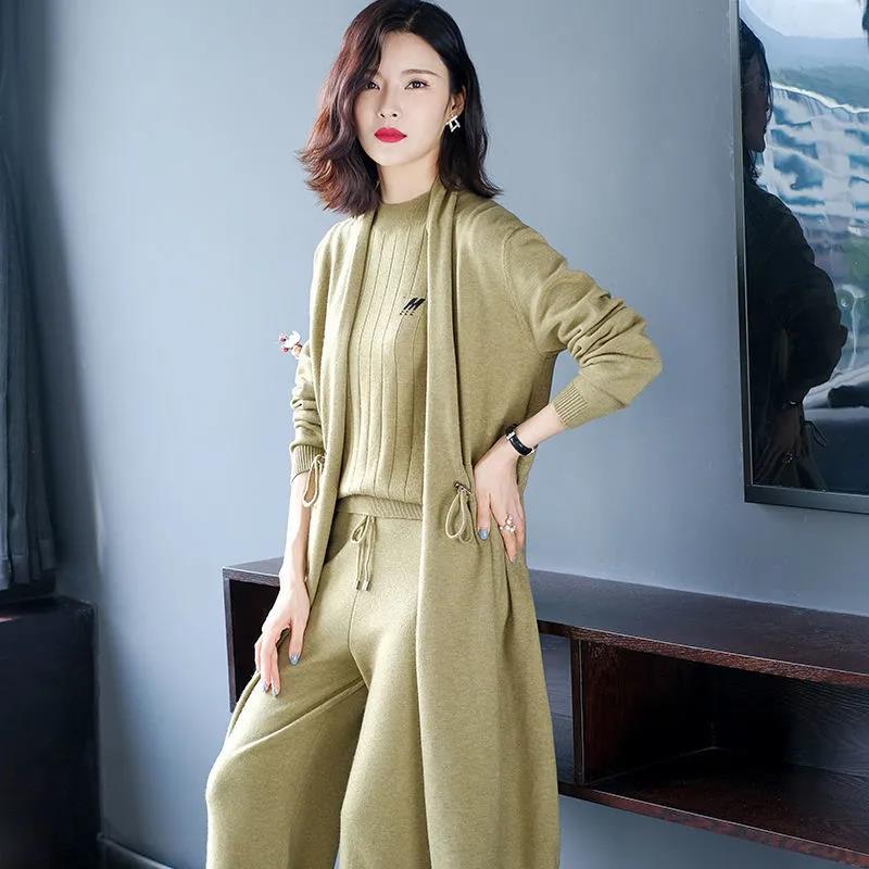 Three-piece Suit Women Knitted Cardigan Sweater Clothing Spring Autumn Wide-leg Pants Suits Casual Daily Clothes
