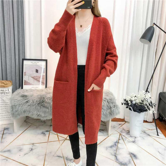 Autumn and Winter Casual Cardigan Mid-length Long-sleeved Warm Sweater Loose Pocket Fashion Coat