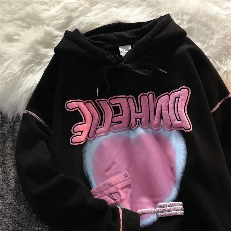 Hoodies Sweatshirt Women Black White Fleece Warm Autumn Winter Pullovers Oversized Fashion Tracksuit Streetwear Hip Hop Harajuku Top Clothes Lady