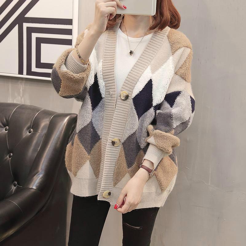 Cardigan Sweater Loose Knitted Coat Long Sleeve Color Matching Shirt Women's Thick Sweater Women