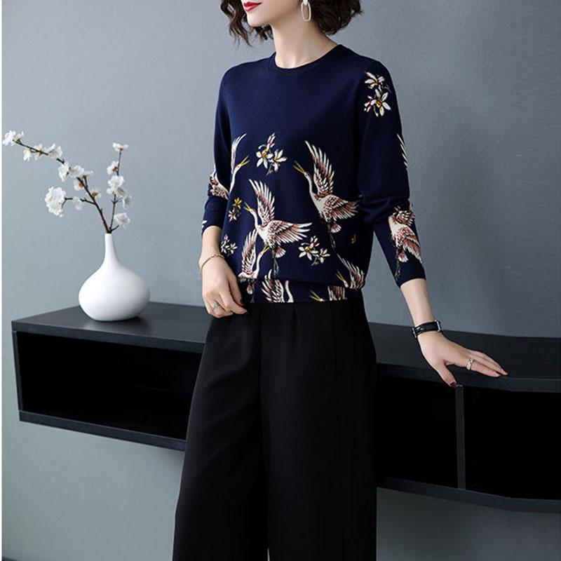 Autumn and Winter Plus Size Retro Printed Cardigan Women Middle-aged Cashmere Knitted bottoming Sweater