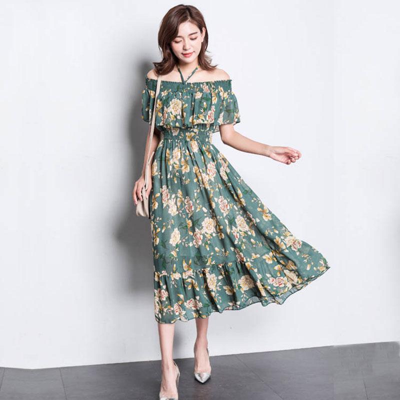 Fashion Boho Off Shoulder Floral Ruffle Hem Belted Summer Long Dress A Line Party Elegant Dresses