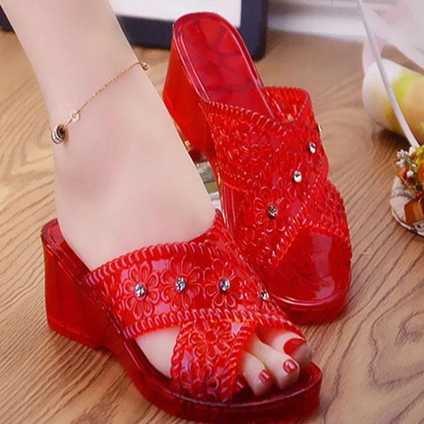 Women's Spring Summer Slippers Large Size All-match Thick Heel Slippers Transparent Rhinestone Middle Heel Sandals