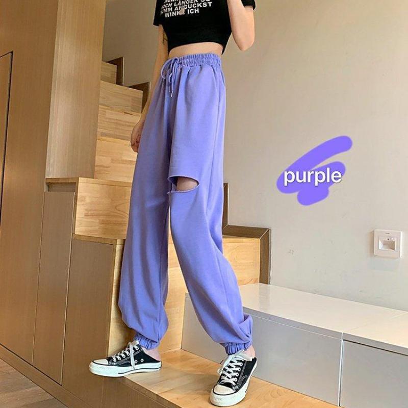 Women's Gray Sweatpants Loose Feet Summer Thin Casual Looking Thin All-match Purple Pants Hole Harem Sweatpants