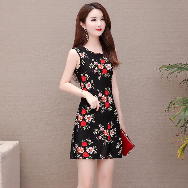 Brand Dress Round Neck Women Casual Flower Short Sleeve Skirt Sunmmer  Beach High Waist