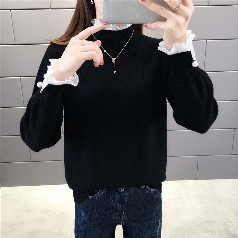 Plus Velvet Thick Warm Sweater Women  Ruffles Lace Stitching Collar Pullover Sweater Short Stretchable Slim Knitwear Jumper