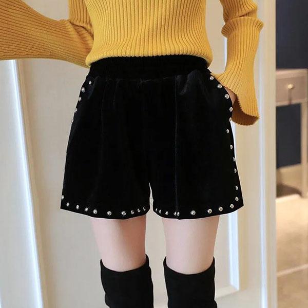 Gold Velvet Short Pants Women's Autumn and Winter Outer Wear Pants High Waist Wide Leg A-line Loose Pearl Woolen Pants