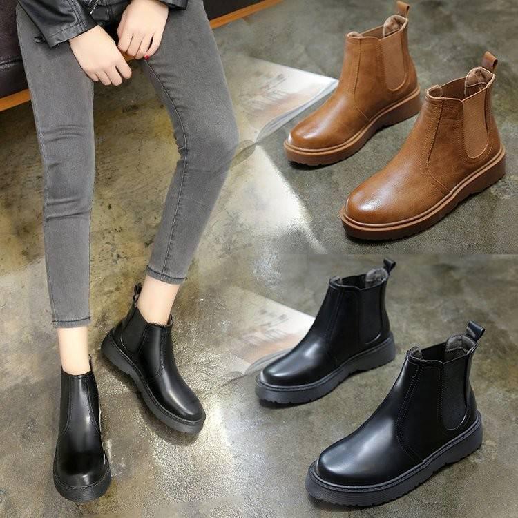 Leather Pointed Toe Thick Heels Chelsea Boots Women Back Decorate Ankle Martin Booties