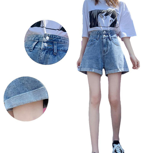 WTEMPO High Waist Washed Denim Summer Women Denim Shorts Ripped Hole Jeans  Casual Shorts