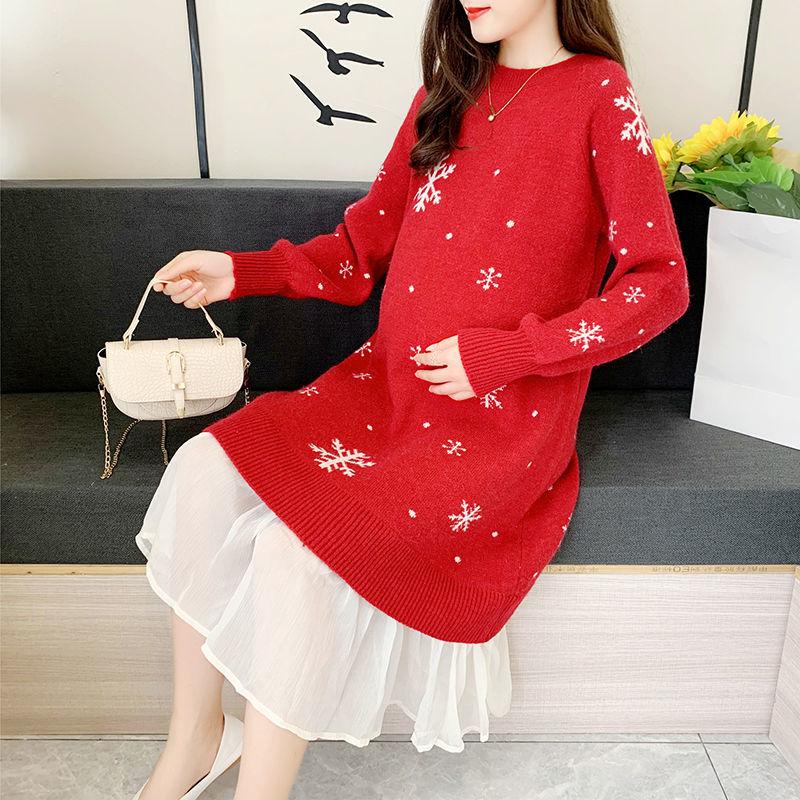 Autumn and Winter Snowflake Christmas Maternity Clothes Long Sleeve Dress Mid-length  Loose Plus Size Round Neck Knitted Skirt