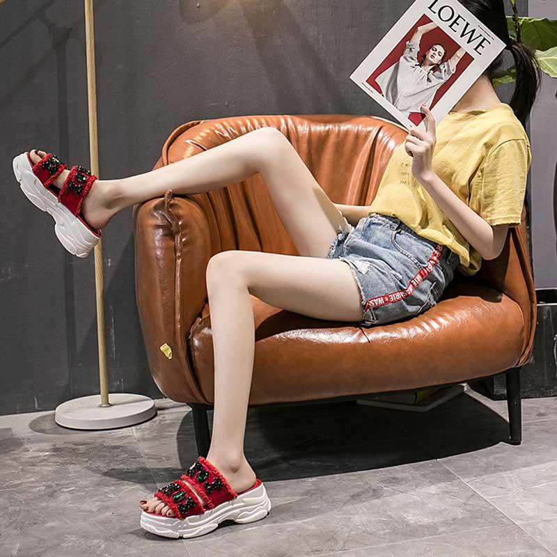 Size35-39 Summer Women Slippers Bohemian Beach Wear-resistant Non-slip Slippers Wedge Platform Rhinestone Sandals Outdoor Crystal High Heels