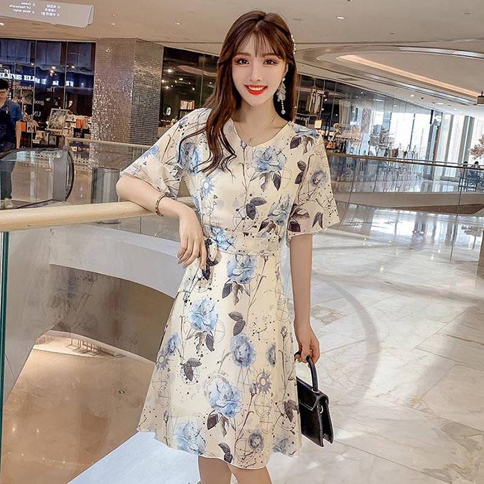 Pofulove S-4XL Women Summer Sweet Printed Chiffon Dress Slim Midi-length V-neck A-line Beach Skirt
