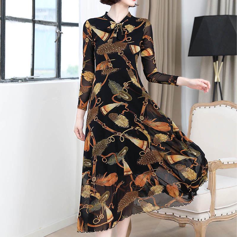 Fashion mesh yarn floral skirt spring and autumn woman long dress long sleeve dress women