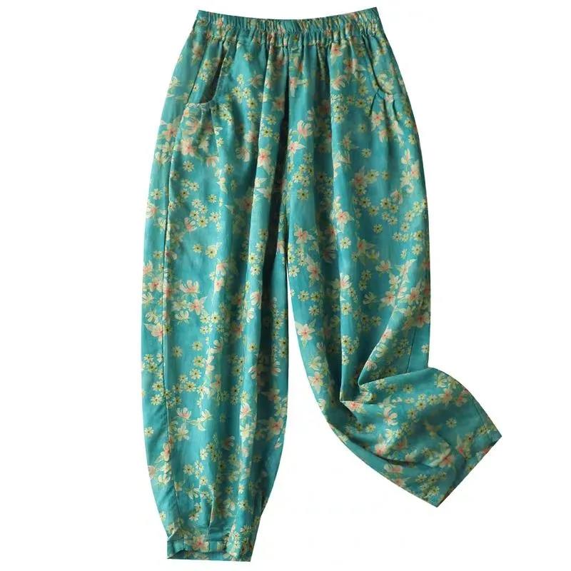 Retro Literary Nine-point Cotton Harem Pants Women Thin Summer Loose Large Size Printed Casual Pants Women