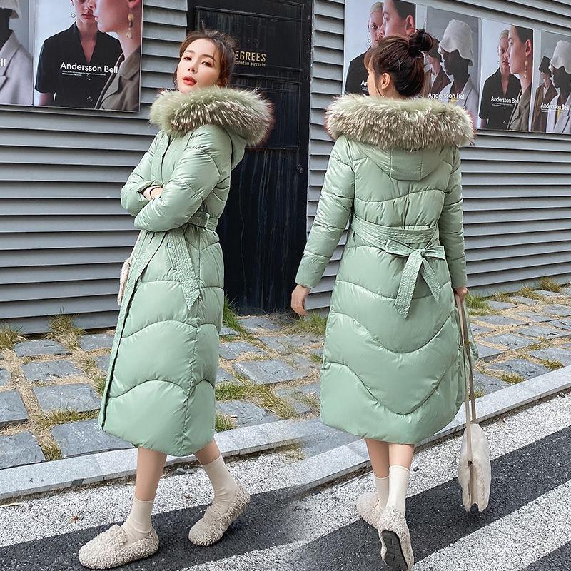 Winter Fashion Warm Cotton Coat Women's Mid-length Slim and Thin Padded Down Padded Jacket Over The Knee Large Fur Collar Coat