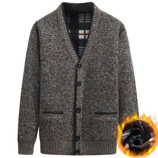 Can't Afford The Ball Winter Men's Plus Velvet Knitted Button Cardigan Sweater Warm Jacket
