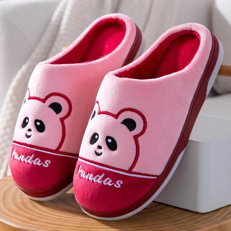 Winter Slippers Women Home Plus Size Men Cotton Shoes Pandas Embroidery Thick Fleece Warm Pink Slippers Women Non Slip Platform Ladies Warm Slippers