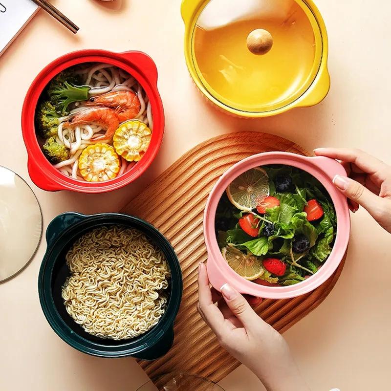Nordic Style Ceramic Instant Noodle Bowl with Lid Binaural Soup Bowl Student Dormitory Rice Bowl Large Fruit Dish