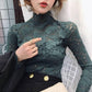 Autumn Winter Half High Neck Lace Bottom Blouse Sexy Hollow Out Long Sleeve Slim Pullover Shirt