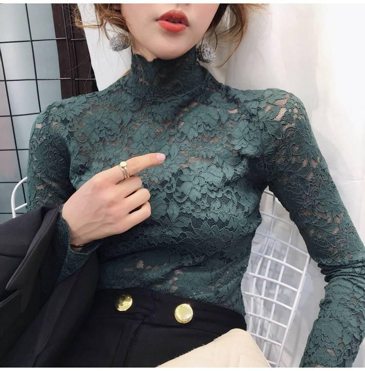 Autumn Spring Half High Neck Red Lace Bottom Blouse Sexy Hollow Out Long Sleeve Slim Pullover Shirt