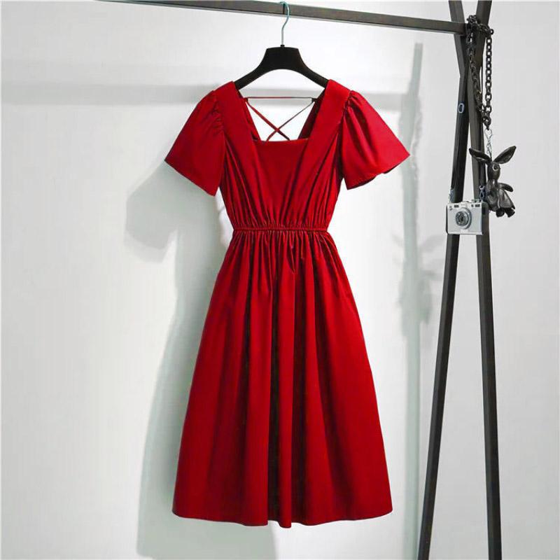 Dress Women's Spring Summer Plus Size Casual Solid Color Dress Square Collar Short Sleeve Open Back Cotton All-match