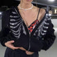 Y2K Rhinestone Skeleton Zip Up Oversized Sweatshirts Summer Goth Hoodies Women Grunge Hooded Jacket Streetwear Retro Clothe