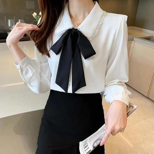 Doll Neck Ribbon Bow Solid Color Chiffon Shirt Shirt Women's Long Sleeve French Puff Sleeve Shirt Spring and Autumn