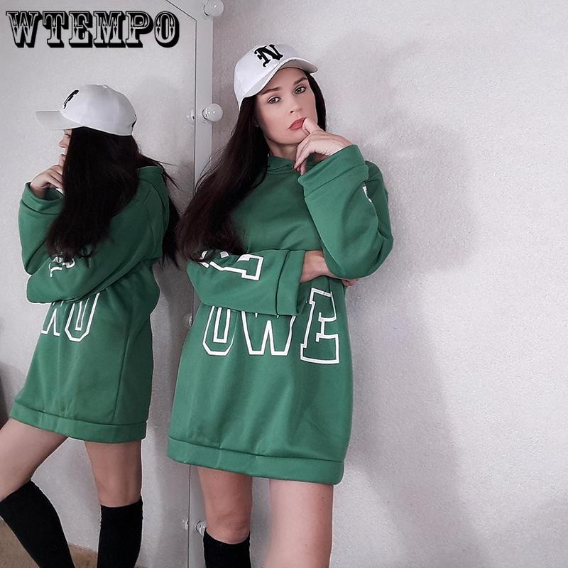 Women Hooded Dress Letter Print Loose Casual Long Sleeve Plus Size Top Winter Warm Mini Dresses
