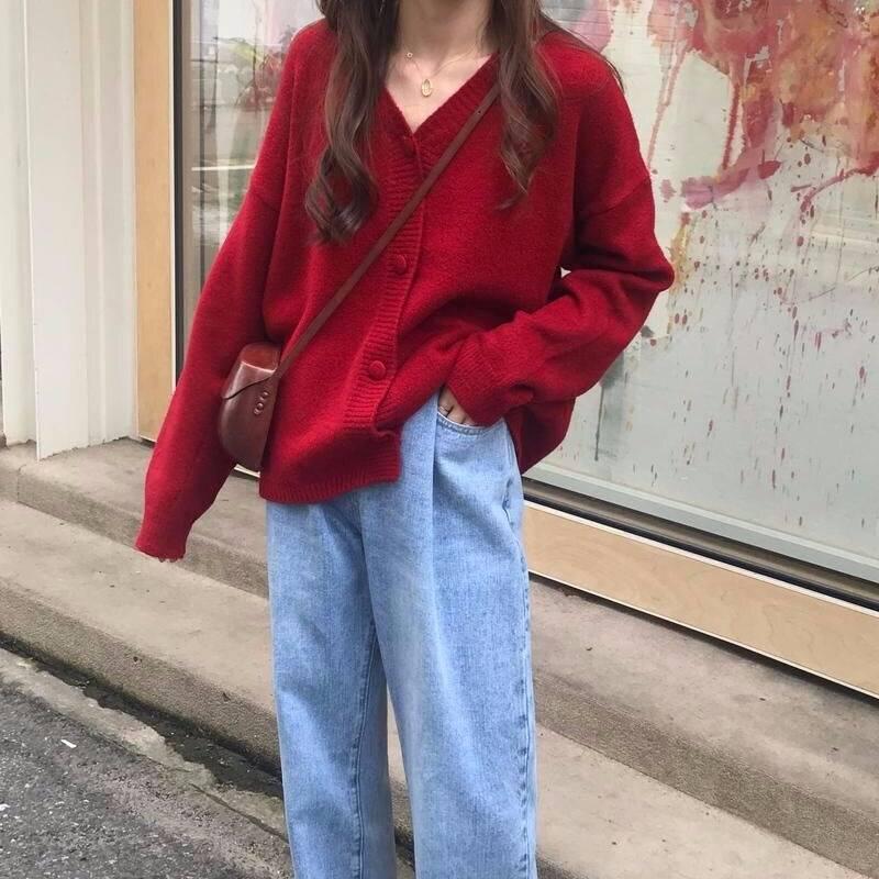 New Korean version of the loose thin long-sleeved avocado green knit sweater cardigan coat female