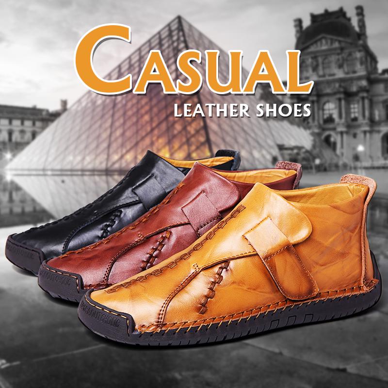 Menico Boots Men Hand Stitching Hook Loop Ankle Boots Leather Casual Shoes Flat Low Heel Large Size