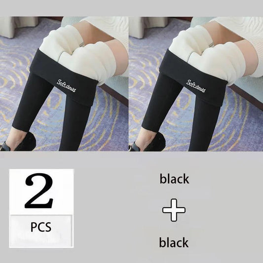 2Pcs Winter Lamb Velvet Leggings for Women's Outer Wear High Waist Plus Velvet Thick Solid Color Plus Size One-piece Warm Pants