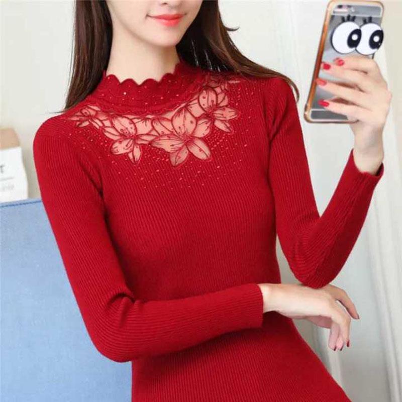 Winter Lace Hollow Turtleneck Sweater Long Sleeve Bottoming Slim Knitted Pullover Women