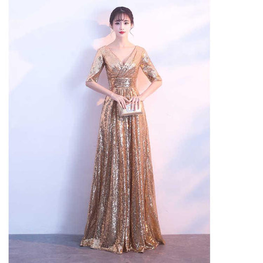 Golden Little Evening Dress Skirt Female Banquet Dinner Party Noble High-end Party Temperament Dress
