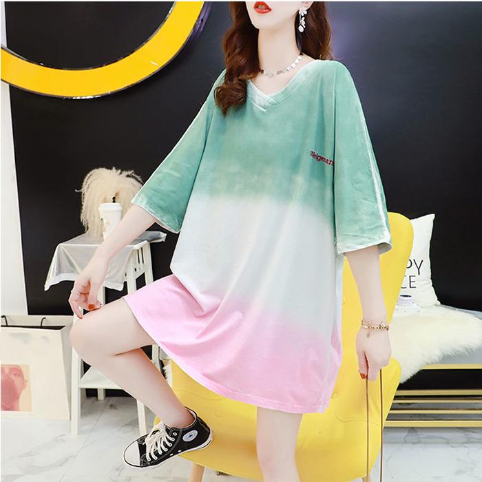 T-shirt Dress Stitching Color Gradient Women Dress Girl Loose V-Neck Batwing Sleeve Casual Long  Big Loose Home Comfort Outer Convenient